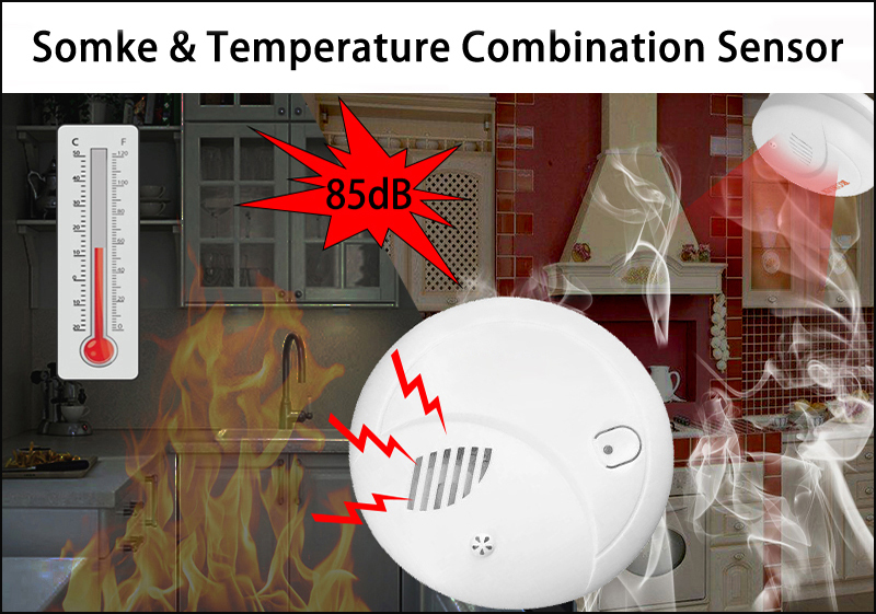 Fire Smoke Detector and Thermal Temperature Sensor Alarm Combination Home Independent or Wireless